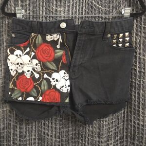 Hand-Stitched Custom Black Denim Shorts ~Studded Pockets, Skull & Roses
